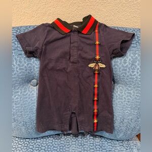 GG Bee Navy Baby Romper with Red-Black Stripe and Bee Patch